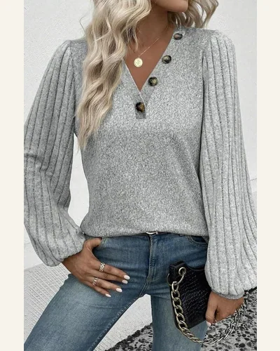 Tunic Tops Casual Light Grey Buttoned V Neck, view 3