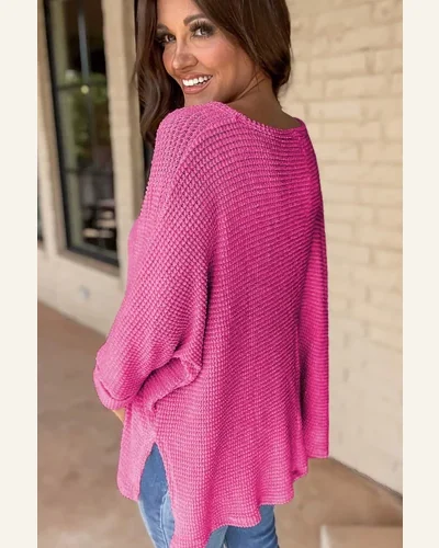 Tunic Tops Casual Rose Red Waffle Knit Side, view 2