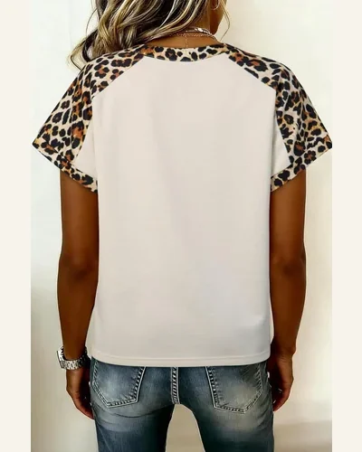 Leopard Patchwork Half Button Short Sleeve T-Shirt, view 2