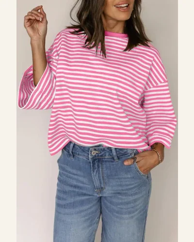Tunic Tops Casual Pink Stripe Bow Decor Cutout, view 2