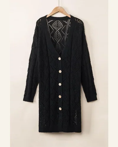 Cardigan Sweater Casual Black Hollow-Out Openwork Knit Cardigan, view 4