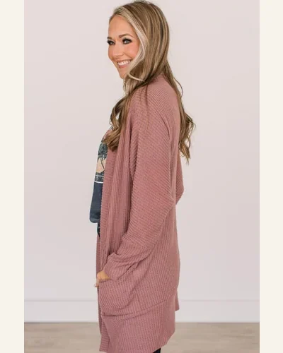 Cardigan Sweater Casual Mineral Red Solid Color Waffle, view 3