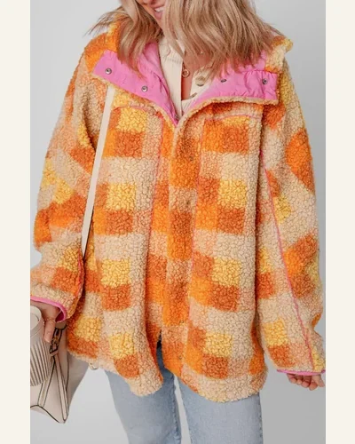 Shacket Jacket Casual Orange Checkered Sherpa Hooded Jacket, view 3