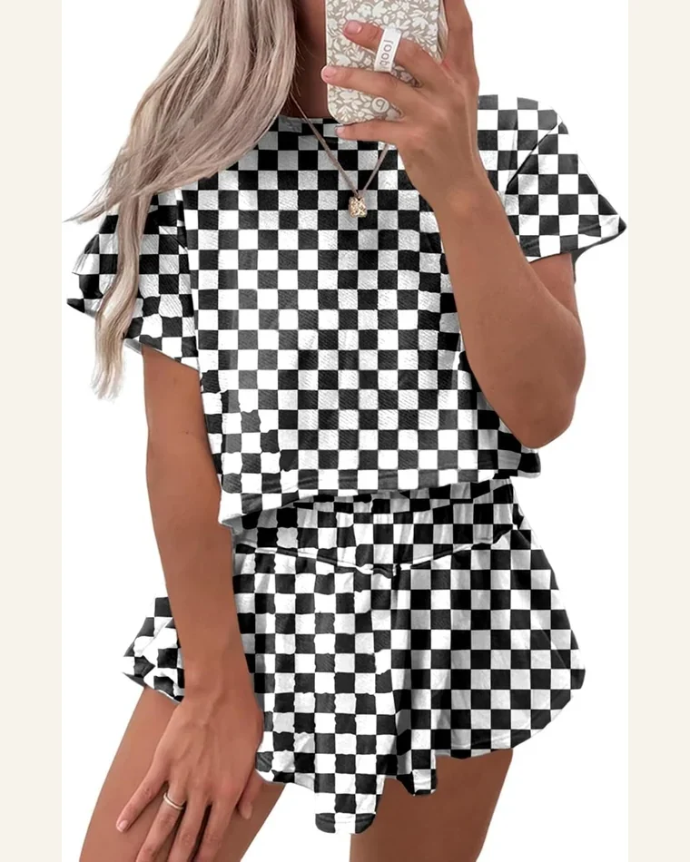 Casual Checkerboard Tracksuit T Shirt and High Waist by SELINK