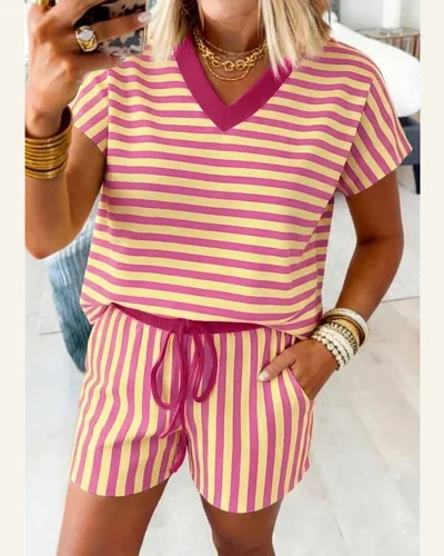 Striped 2 Piece Set Cap Sleeve V Neck, view 3