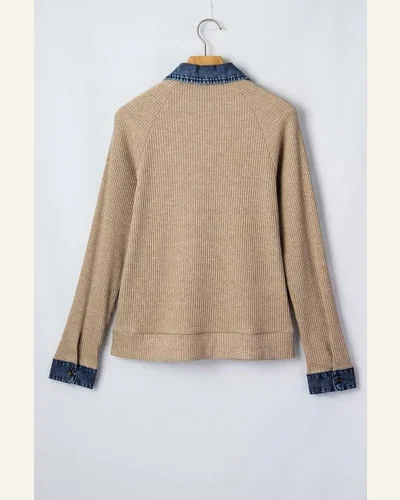 Denim Patchwork Ribbed Knit Button Long Sleeve Top, view 4