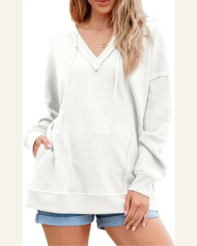 Basic Waffle Drop Shoulder Exposed Seam V Neck Sweatshirt, view 4