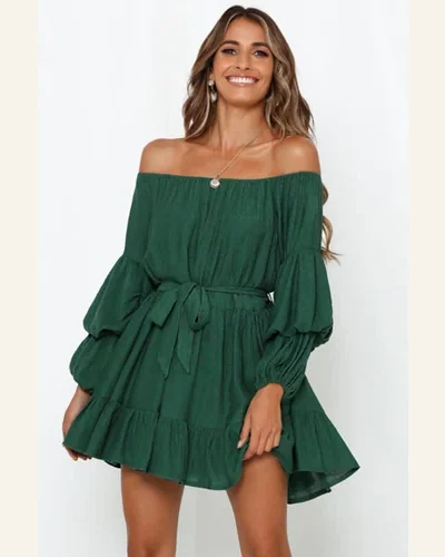 Fall Dresses Casual Green Off-Shoulder Tiered Bubble Sleeve, view 4