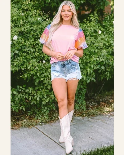 Short Sleeve T Shirt Casual Pink Sequin Colorblock, view 3