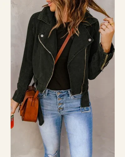 Shacket Jacket Buckle Belted Zip Up Corduroy Jacket, view 4