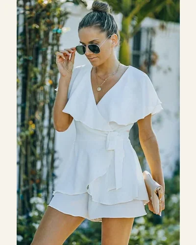 Jumpsuits Short Sleeve White Flounce Open Back Lace-up, view 4