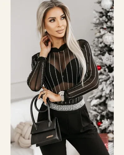 Bodysuit Club Black Rhinestone Decor Striped Mesh Long, view 3