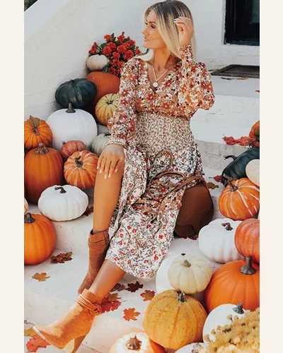 Fall Dresses Elegant Khaki Floral Print Ruffled Tiered, view 4