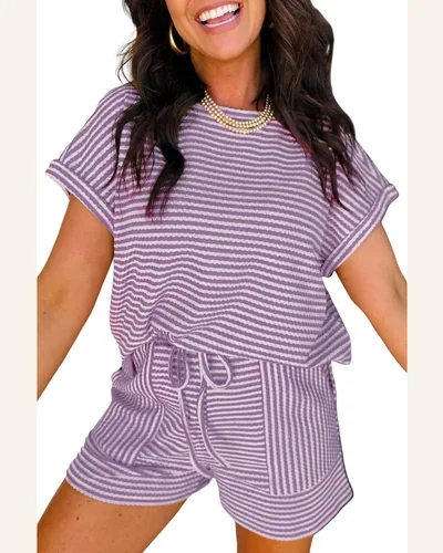 2 Piece Outfits Summer Textured Crewneck T Shirts, view 4