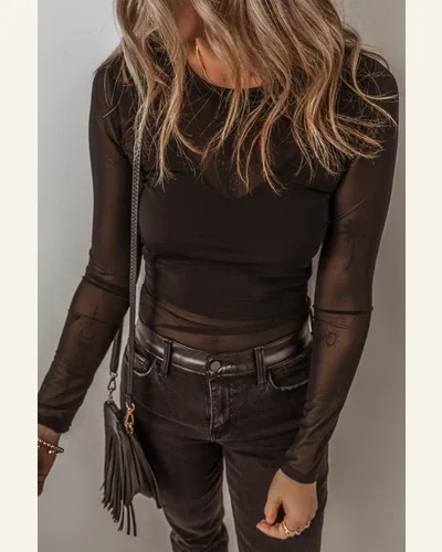 Bodysuit Black Mesh Long Sleeve Slim Fit Bodysuit, view 4