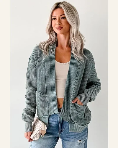 Casual Evergreen Mineral Wash Cardigan Sweater Exposed Seam, view 3