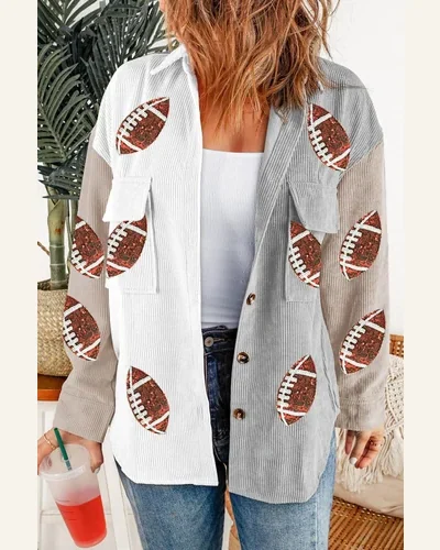 Shacket Jacket Casual White Sequin Rugby Graphic Flap, view 3