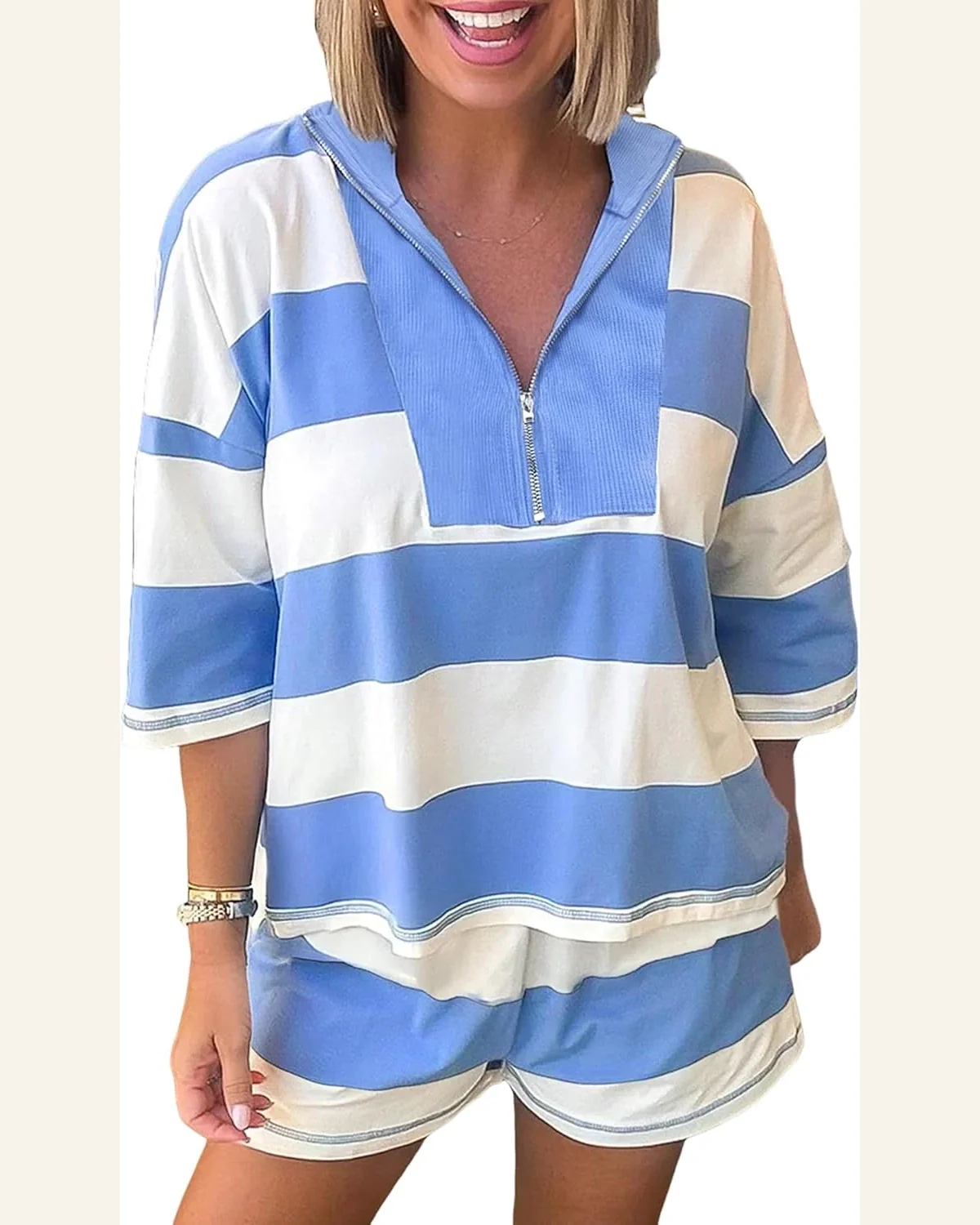 Striped Half Zip Summer 2 Piece Outfit 3/4 Set by SELINK