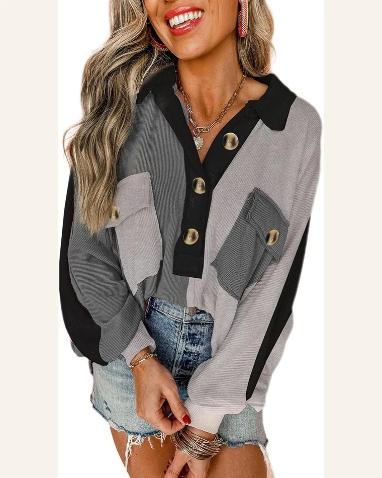 Oversized Sweatshirt Casual Long Sleeve Colorblock Ribbed Button by SELINK