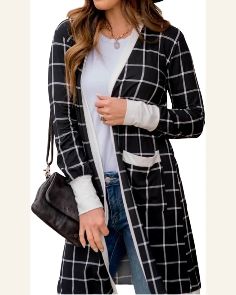 Cardigan Sweater Casual Black Plaid Colorblock Edge Open by SELINK