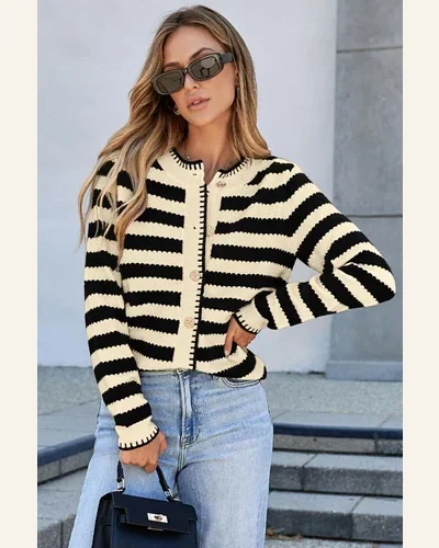 Casual Apricot Stripe Cardigan Sweater Golden Button Cardigan, view 3