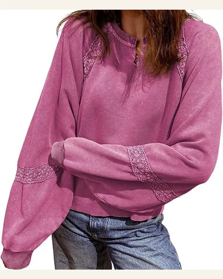 Vintage Lace Dahlia Mineral Wash Baggy Sweatshirt Patchwork by SELINK