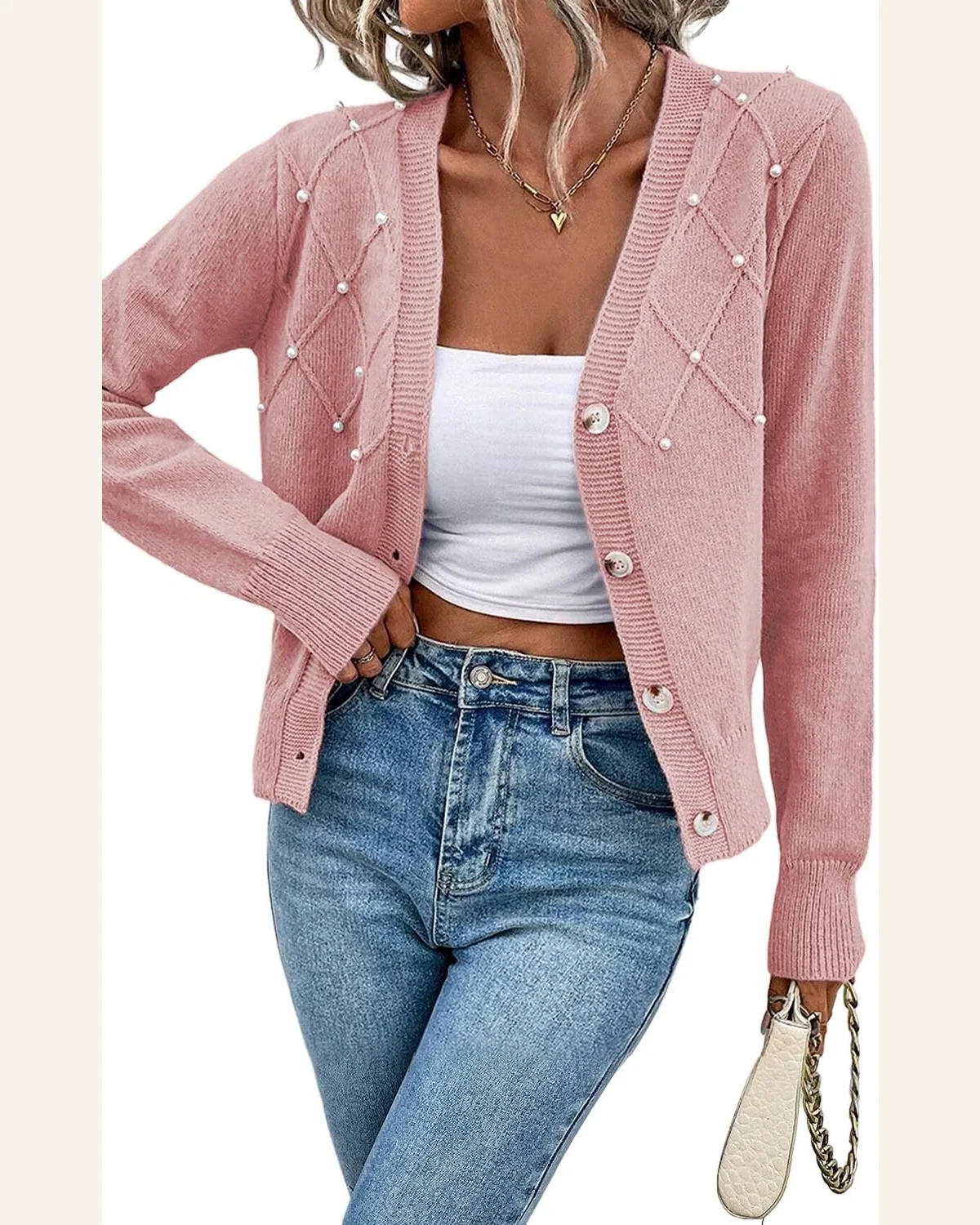 Cardigan Sweater Elegant Sepia Rose Textured Knit Pearl by SELINK