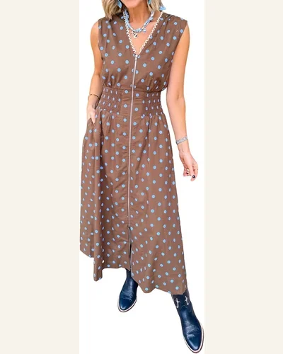 Casual Brown Polka Dot Print Contrast Trim Zip Dress, view 1