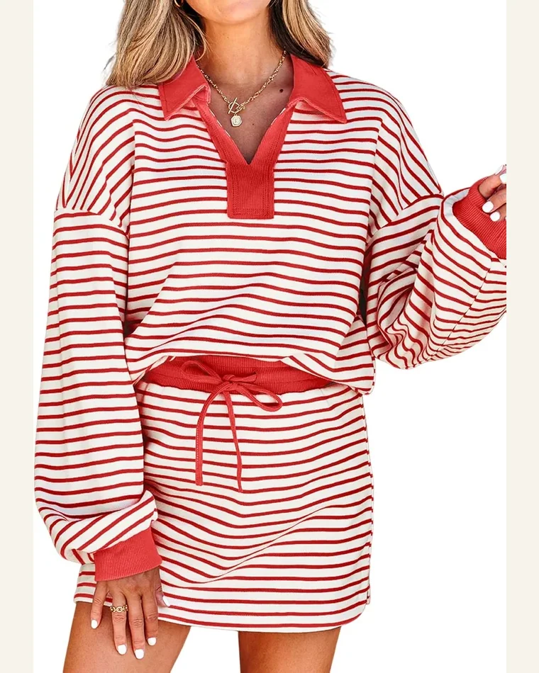 Striped 2 Piece Outfits Colorblock Drop Shoulder Sweatshirts by SELINK