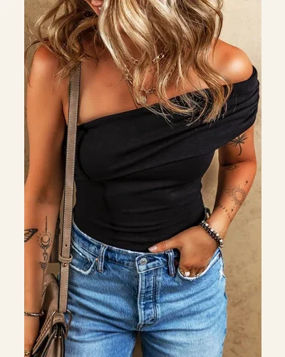 Bodysuit Basic Black Solid Color Pleated One Shoulder, view 3