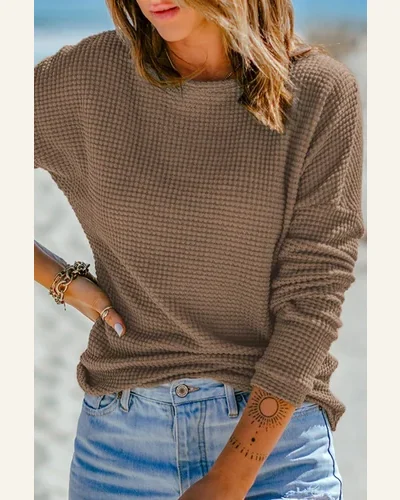 Tunic Tops Casual Dark Brown Waffle Knit Drop, view 3