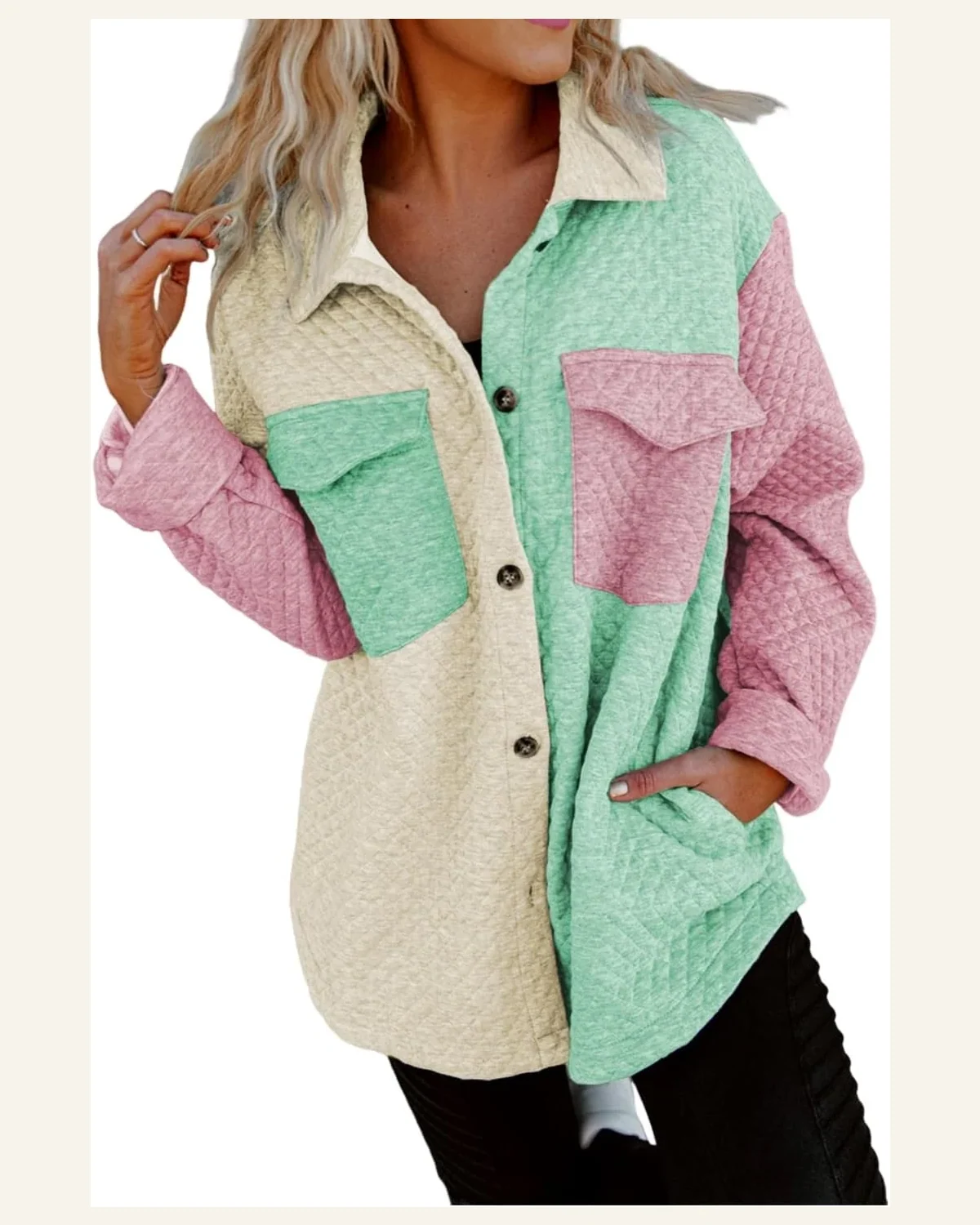 Shacket Jacket Casual Green Color Block Patchwork Flap by SELINK