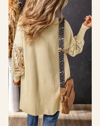 Cardigan Sweater Casual Apricot Crochet Lace Sleeve Ribbed, view 2