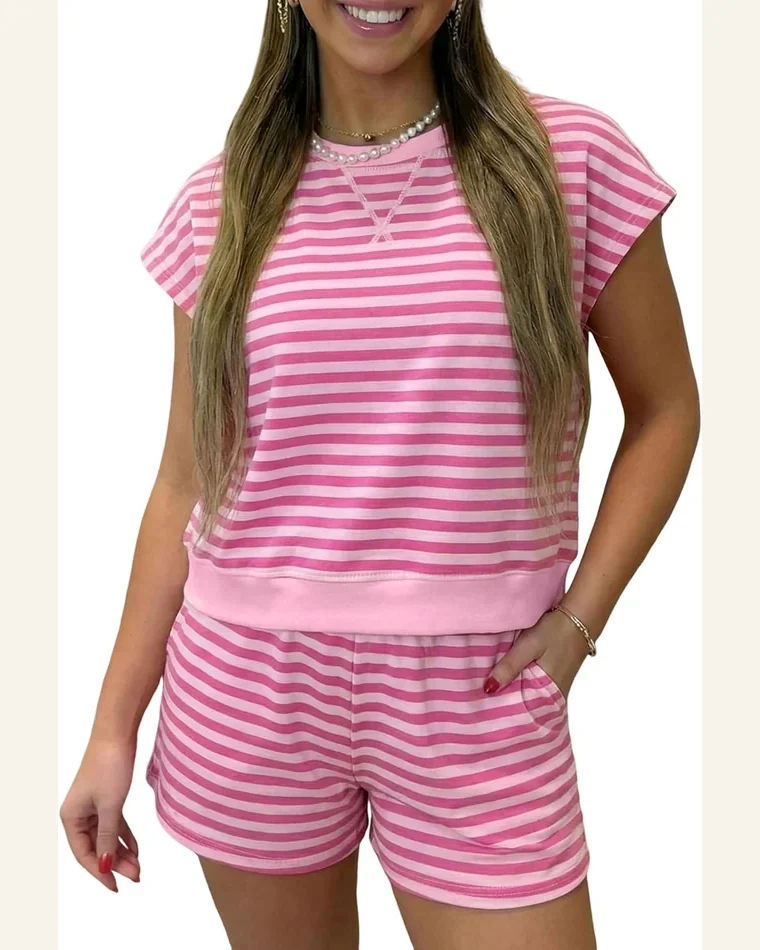 Striped 2 Piece Summer Outfit Cap Sleeve Pockets Set by SELINK