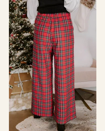 Casual Christmas Festive Plaid High Waist Wide Leg Pants, view 2