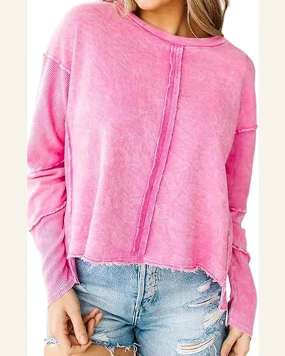 Casual Rose Seamed High Low Raw Edge Sweatshirt, view 1