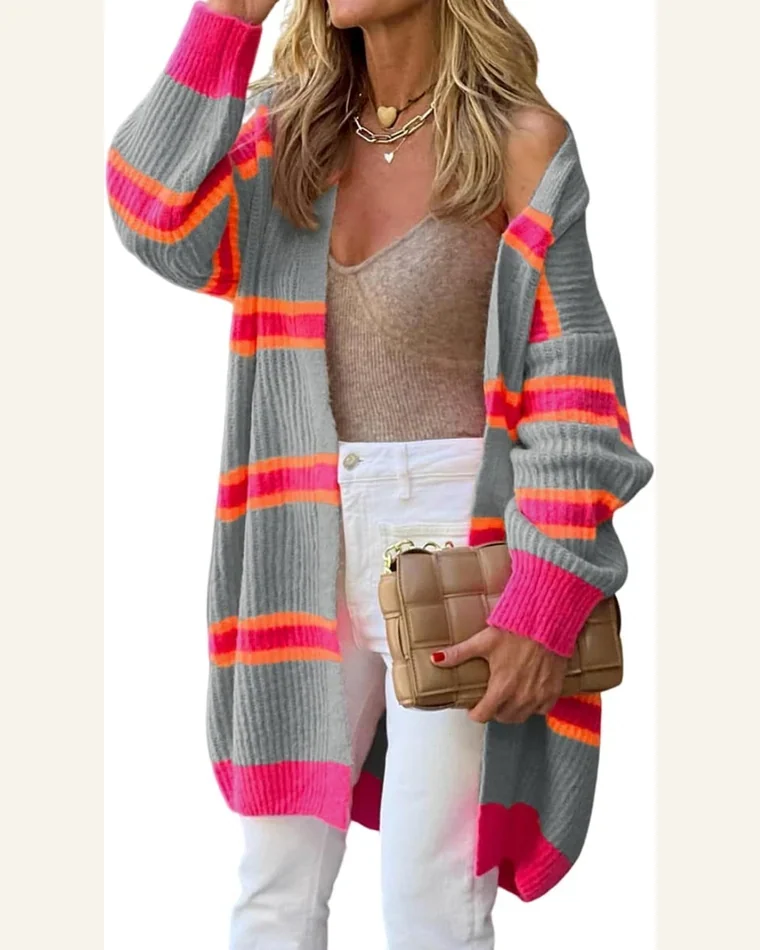 Cardigan Sweater Casual Medium Grey Stripe Printed Ribbed by SELINK