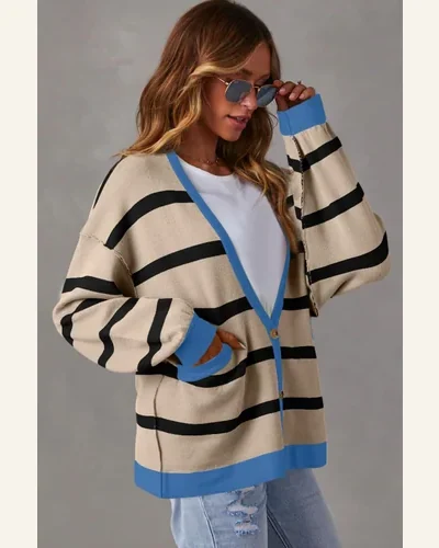 Cardigan Sweater Casual White Colorblock Drop Shoulder Buttoned, view 3