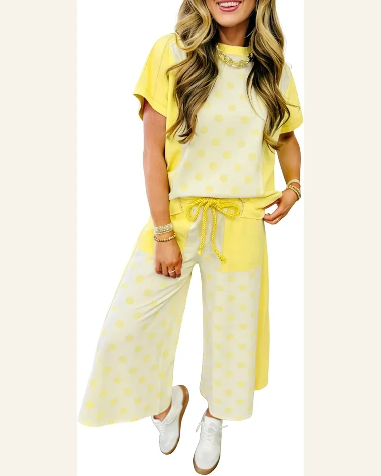 2 Piece Outfits Color Block Patchwork Polka Dot Set by SELINK