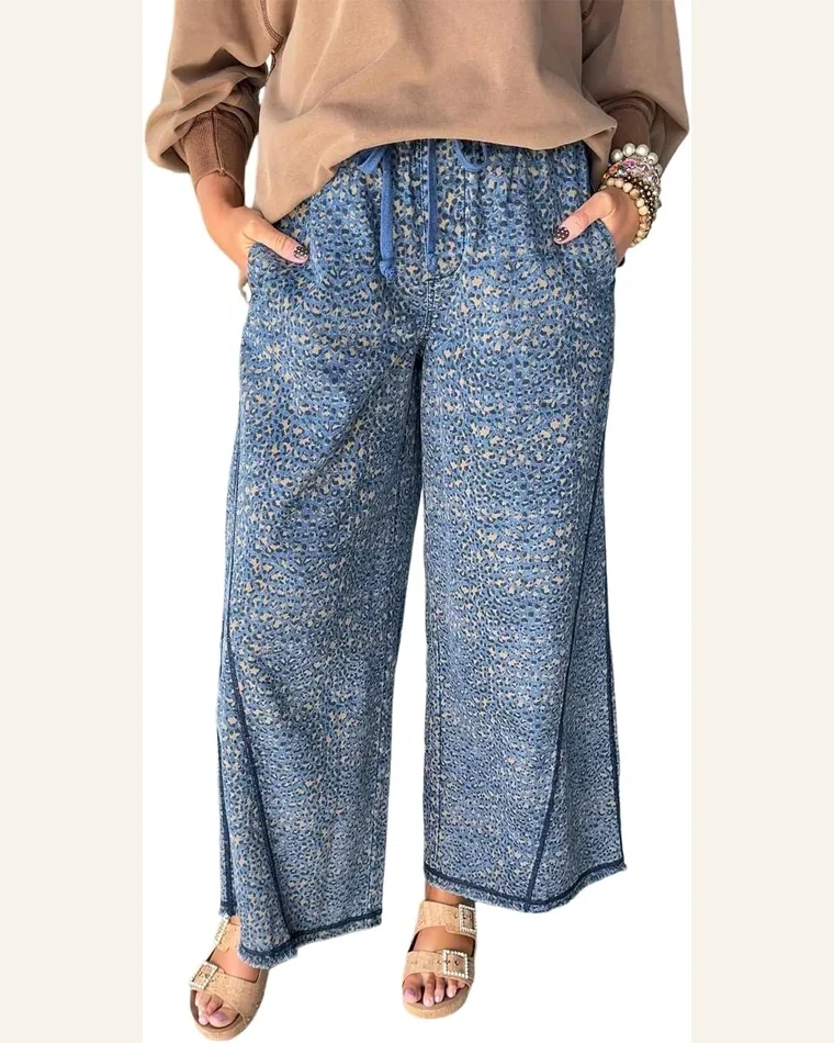 Casual Blue Leopard Print High Waisted Jeans Exposed by SELINK