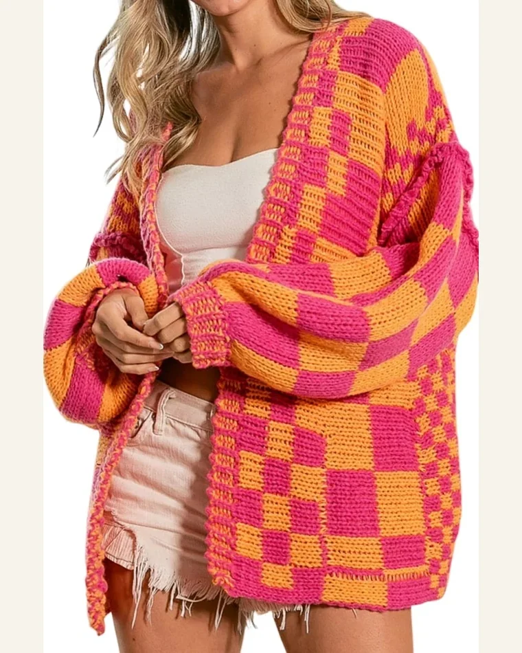 Cardigan Sweater Vintage Open Front Mixed Checkered Pattern by SELINK