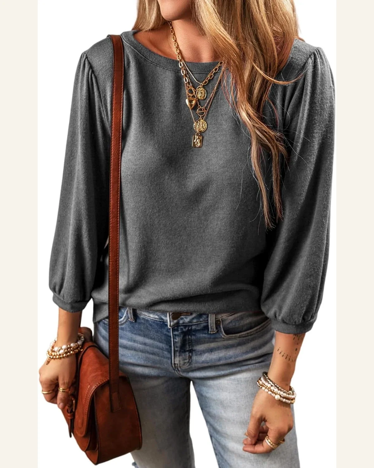 Tunic Tops Casual Medium Grey Solid Color 3/4 by SELINK