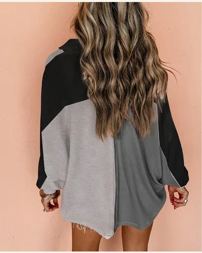 Oversized Sweatshirt Casual Long Sleeve Colorblock Ribbed Button, view 2