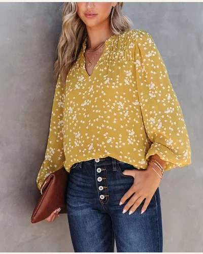 Casual V Neck Long Sleeve Printed Crinkled Blouse, view 3