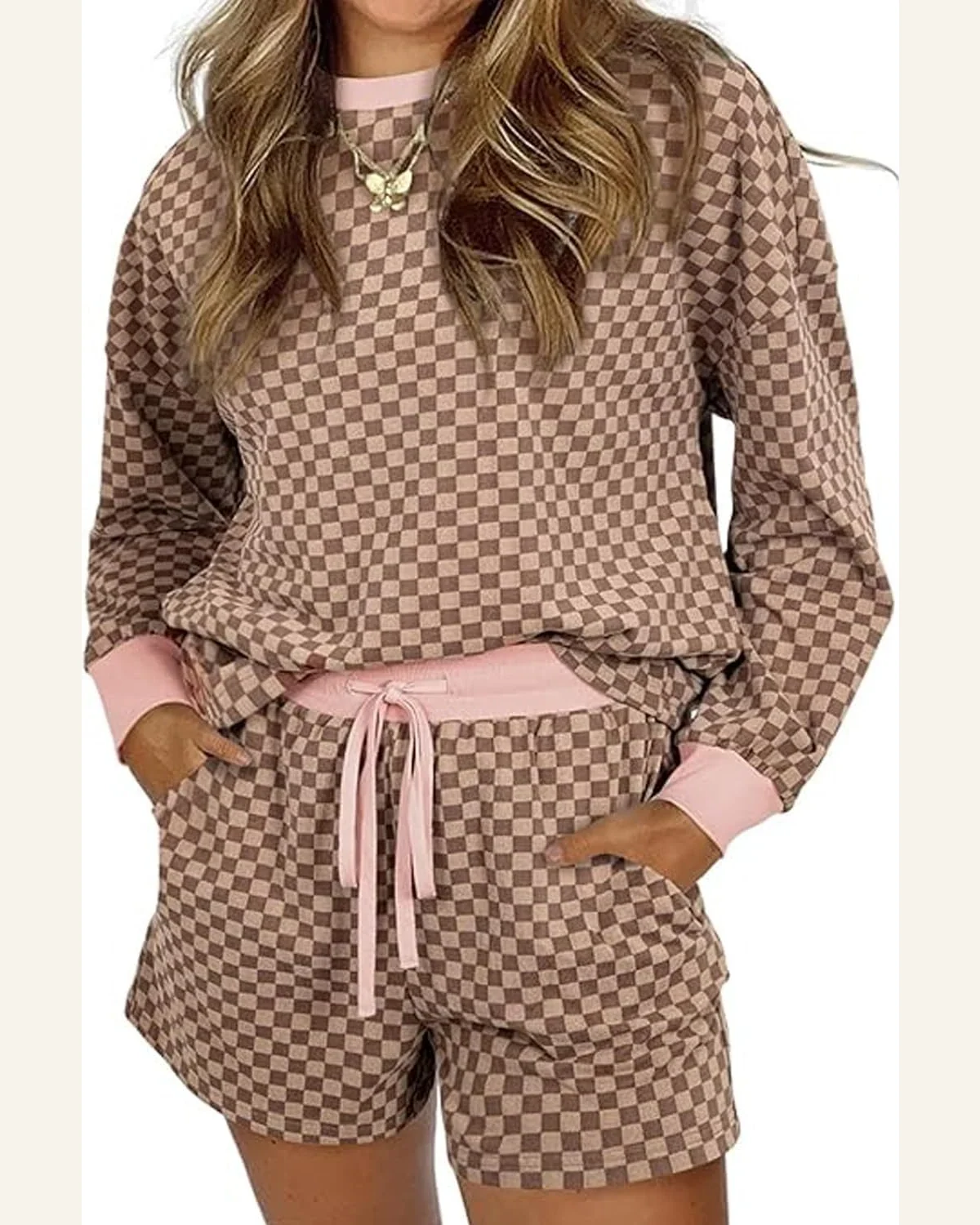 Casual Checkerboard 2 Piece Outfits Long Sleeve Pullover by SELINK