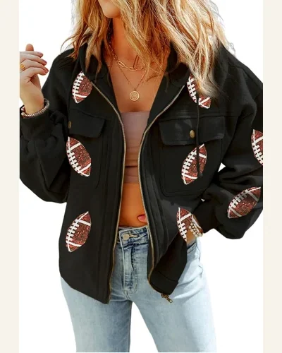 Shacket Jacket Active Black Sequined Rugby Football Pattern, view 1