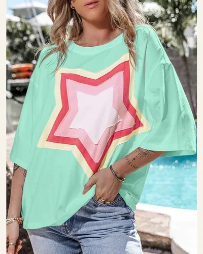 Oversized T Shirts Half Sleeve Colorblock Star Patched, view 3