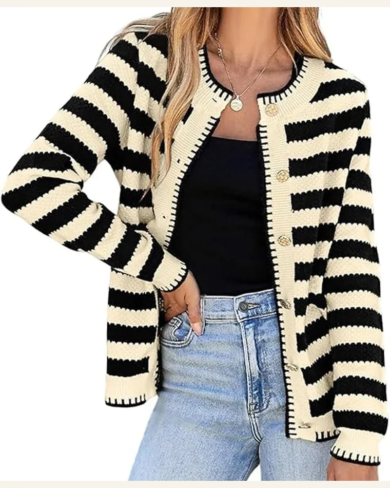 Casual Apricot Stripe Cardigan Sweater Golden Button Cardigan by SELINK