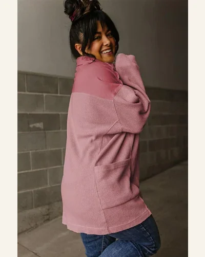 Tunic Tops Casual Pink Waffle Long Sleeve Collar, view 2
