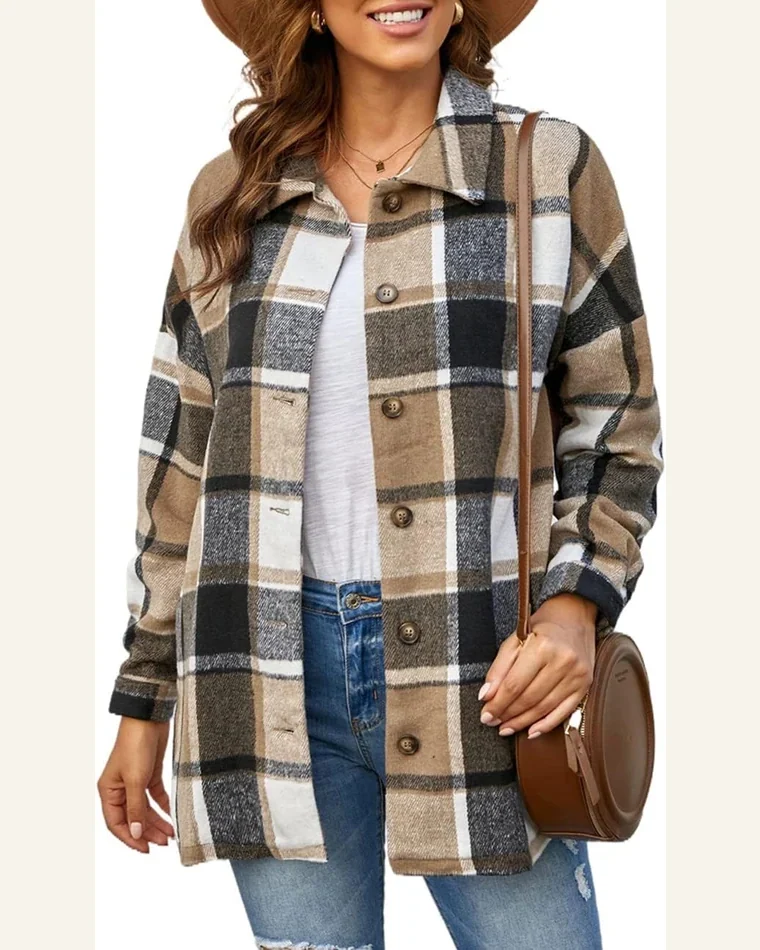 Long Sleeve Flannel Shirts Button Down Shacket Jacket by SELINK
